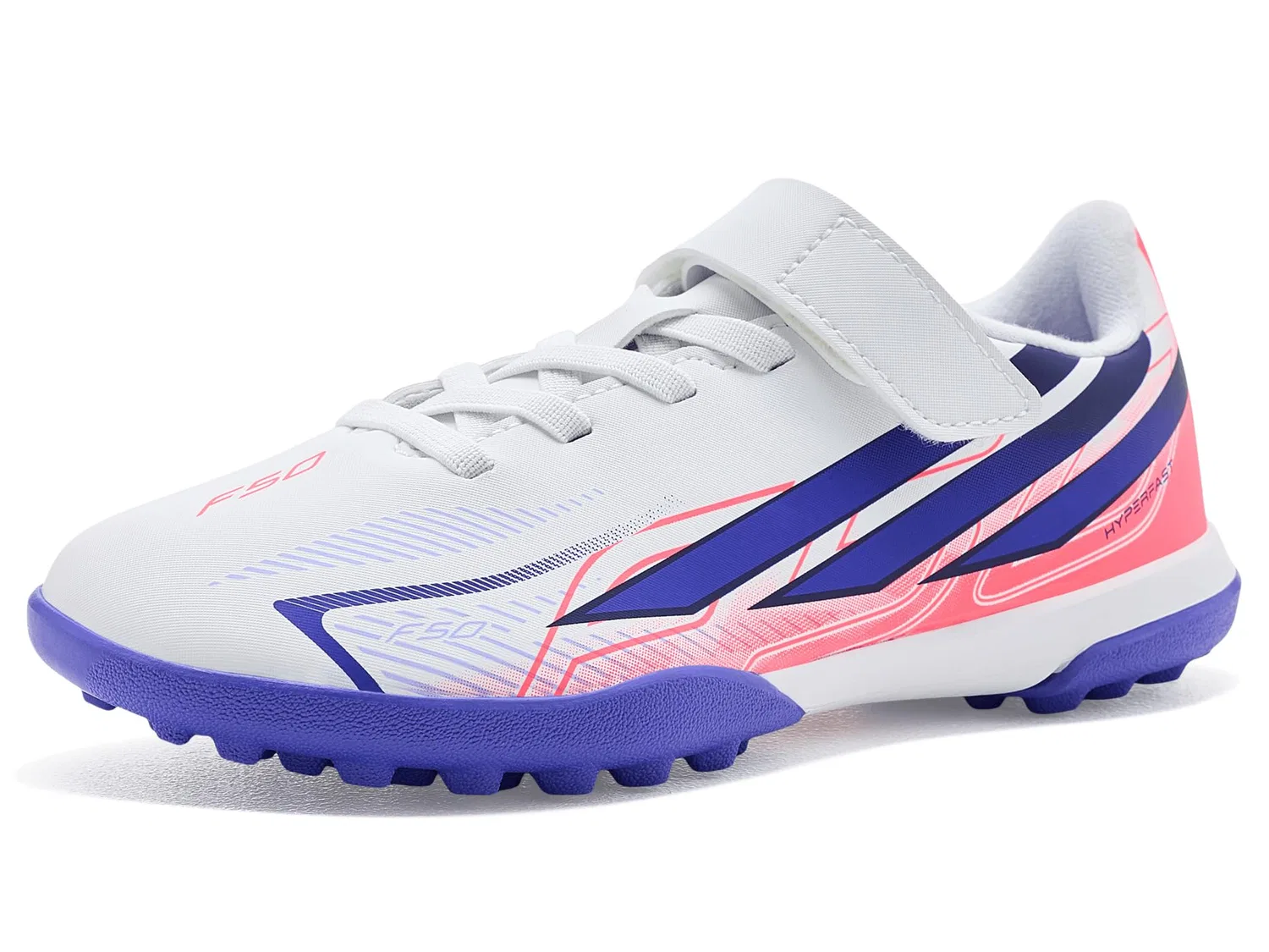 Бутсы F50 Hyperfast Club Hook & Loop Turf (для маленьких и больших детей) Adidas Kids, White/Solar Purple/Solar Turbo