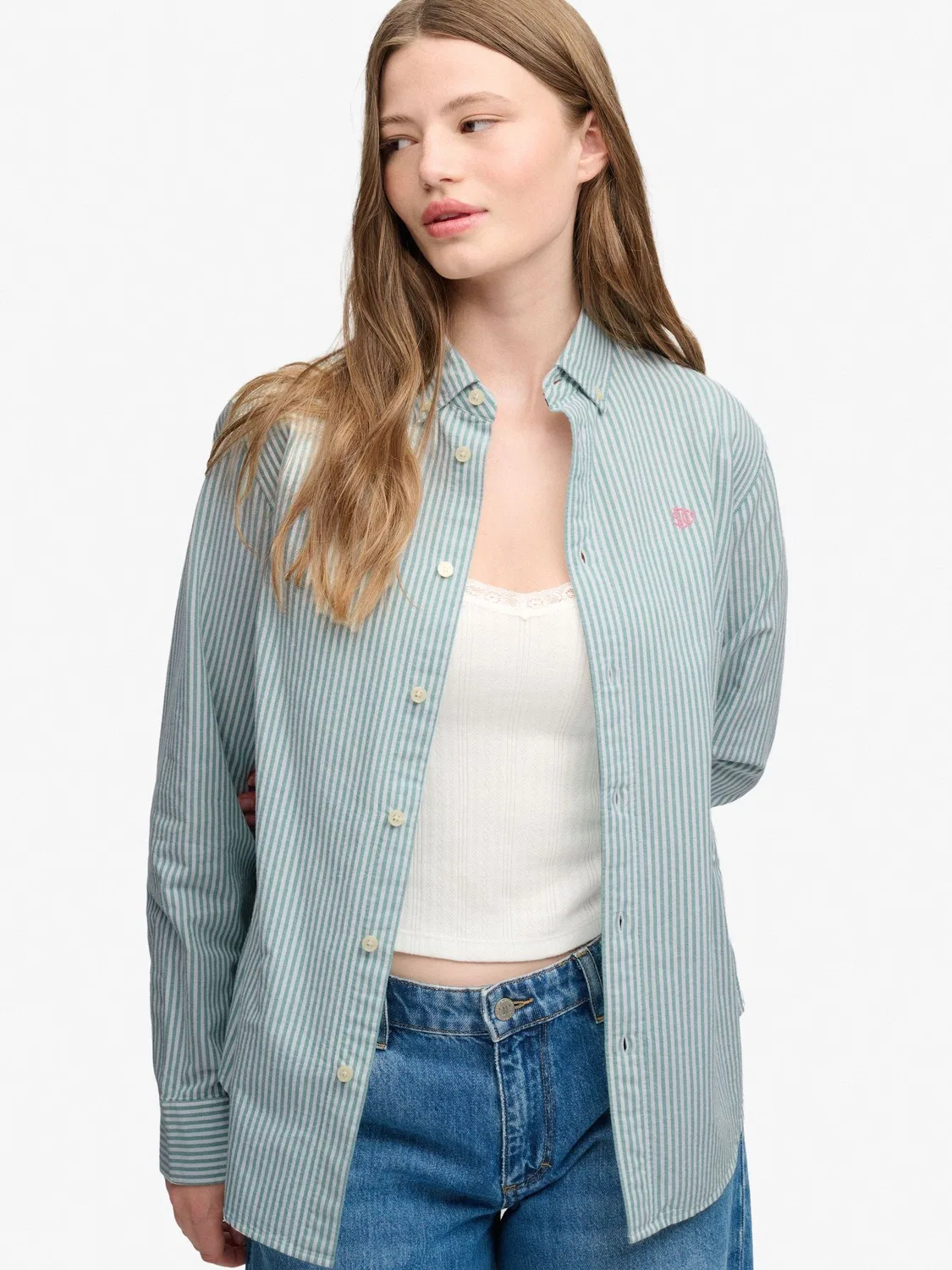Рубашка оксфордская Slim Oxford Superdry, зелено-белая полоска