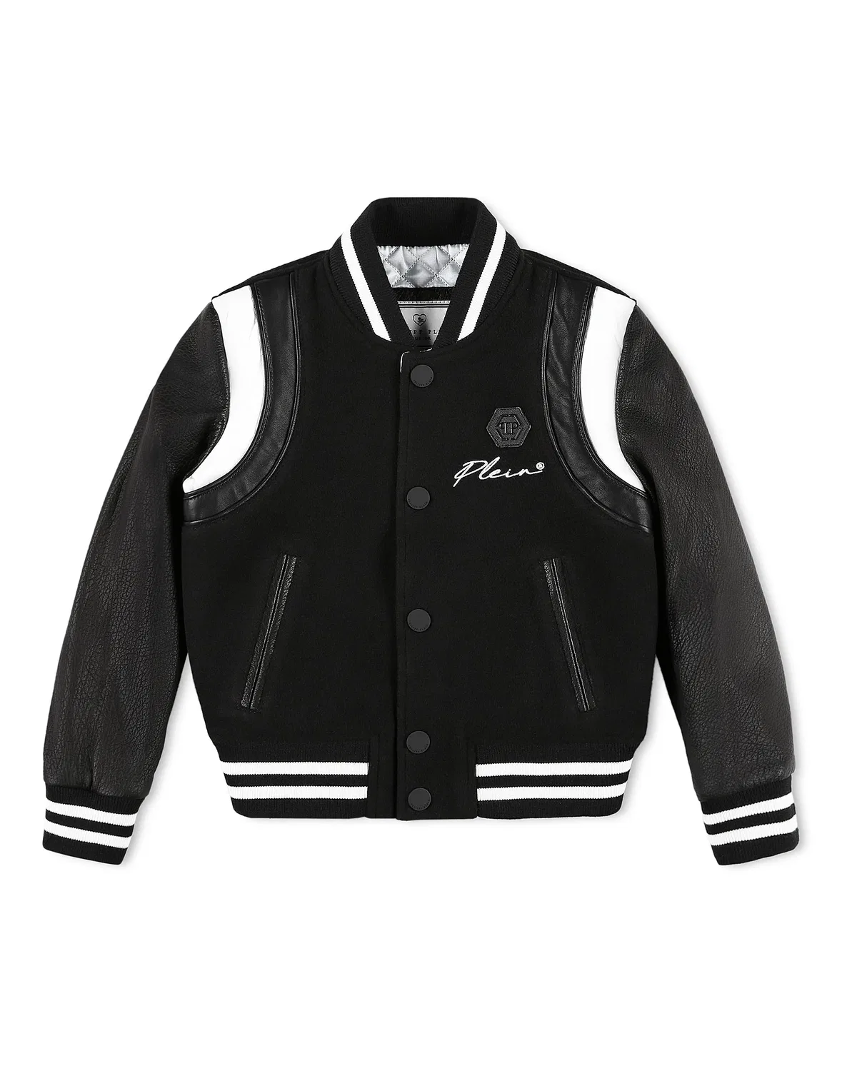 Детская куртка-бомбер кожаная с вышивкой Leather Bomber Iconic Plein PHILIPP PLEIN, Black/White
