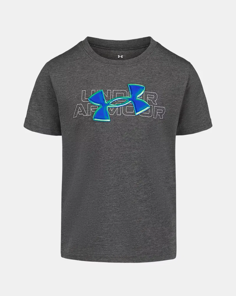 Футболка для мальчиков с коротким рукавом, влагоотводящая, модель UA Puff Chrome Logo UnderArmour, Downpour Gray/Team Royal