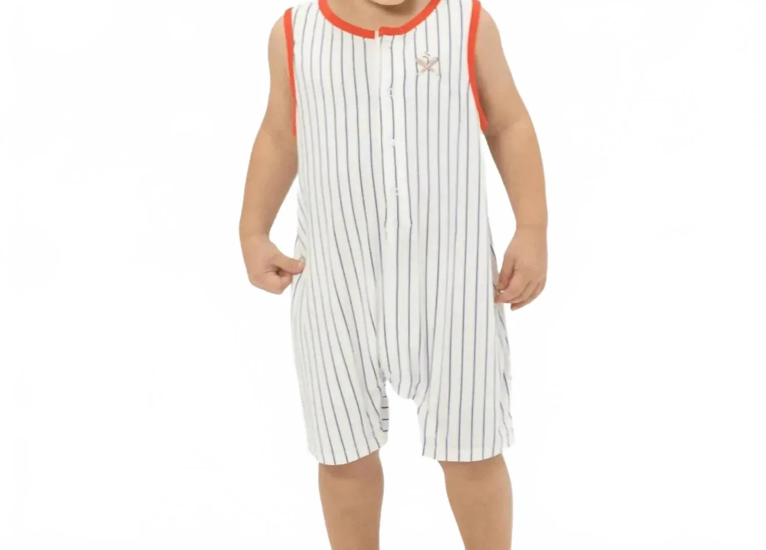 Детский боди-комбинезон без рукавов с вышивкой в полоску Kids Baseball Stripe Bamboo Angel Dear, White