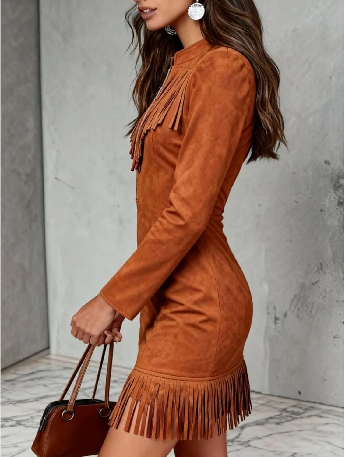 Женское мини-платье из искусственной замши с бахромой Western, Brown — фото 3