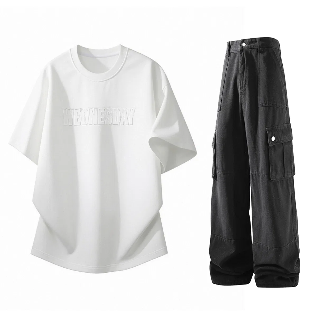 Детский комплект из футболки и джинсов GWAF, Black Short-Sleeved Shirt + Vintage Blue Workwear Jeans — фото 3