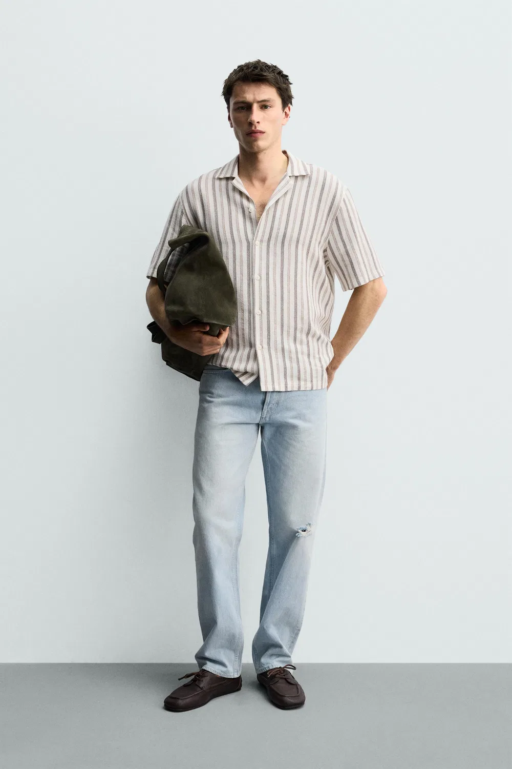 Рубашка из жаккарда в полоску, стандартного кроя ZARA, Ecru