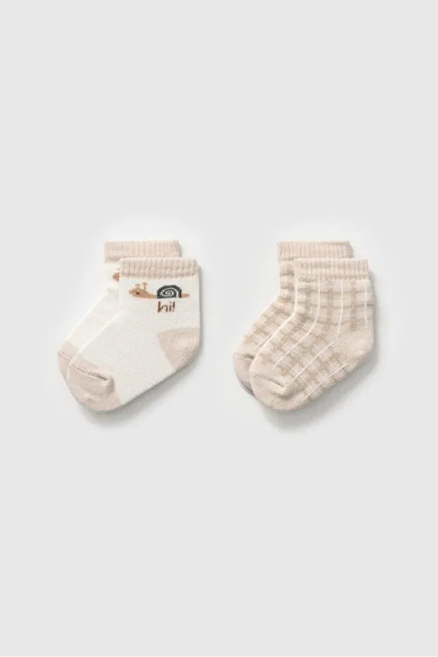 Детские носки с принтом 2 шт Baby cotton pack 2-pack socks series - snail and grid patterned Moi Noi, Cream & Soil