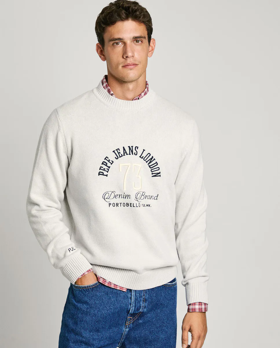 

Мужской свитер с круглым вырезом и вышитым логотипом Pepe Jeans, светло-серый