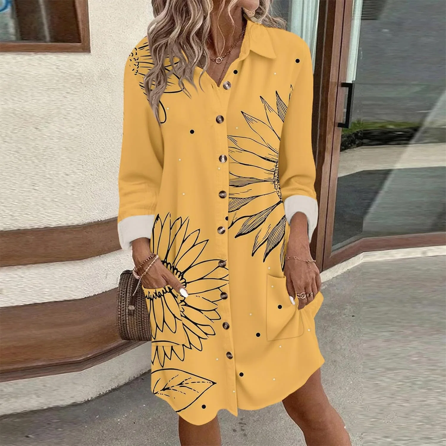 Женское повседневное платье-рубашка с карманами, Yellow — фото 2