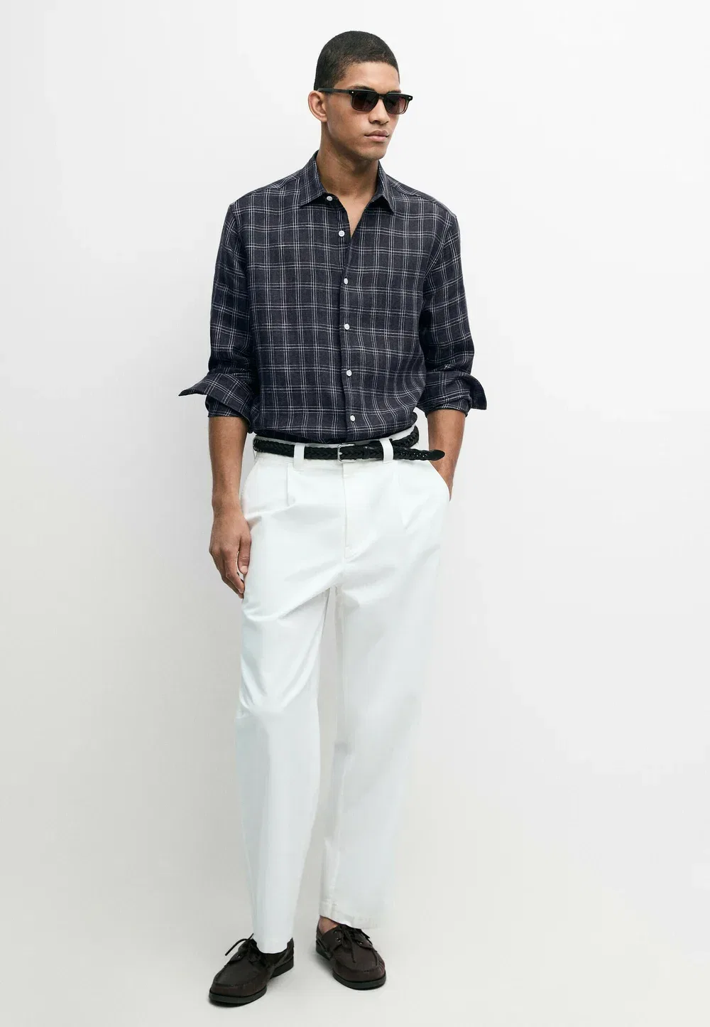 Рубашка в клетку, 100% лен, стандартный крой Massimo Dutti, Dark Blue — фото 2