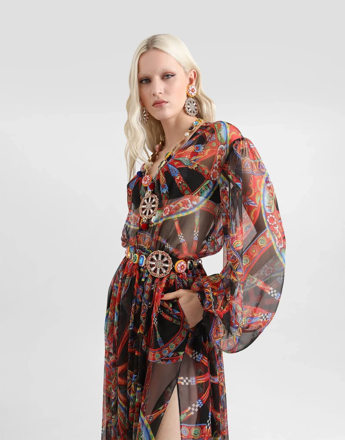 Длинное шифоновое платье с принтом Карретто Dolce & Gabbana, бежевый — фото 4