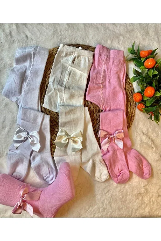 Детские колготки для девочек хлопковые 3 шт Eses Bebe, White-Pink-Cream — фото 2