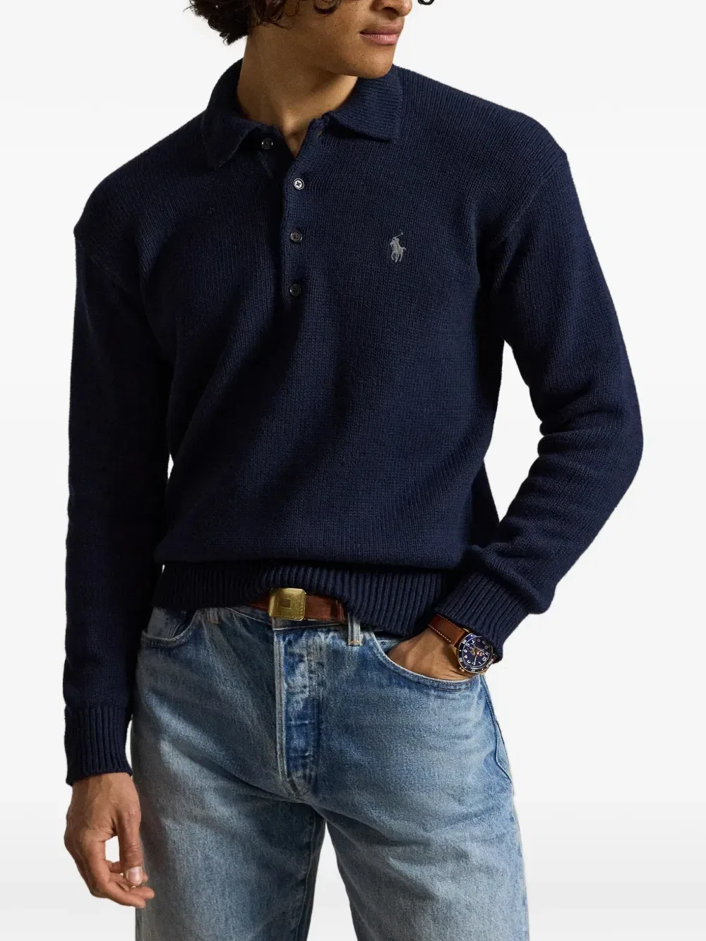 Свитер с планкой на пуговицах и вышитым логотипом Polo Ralph Lauren, синий — фото 3