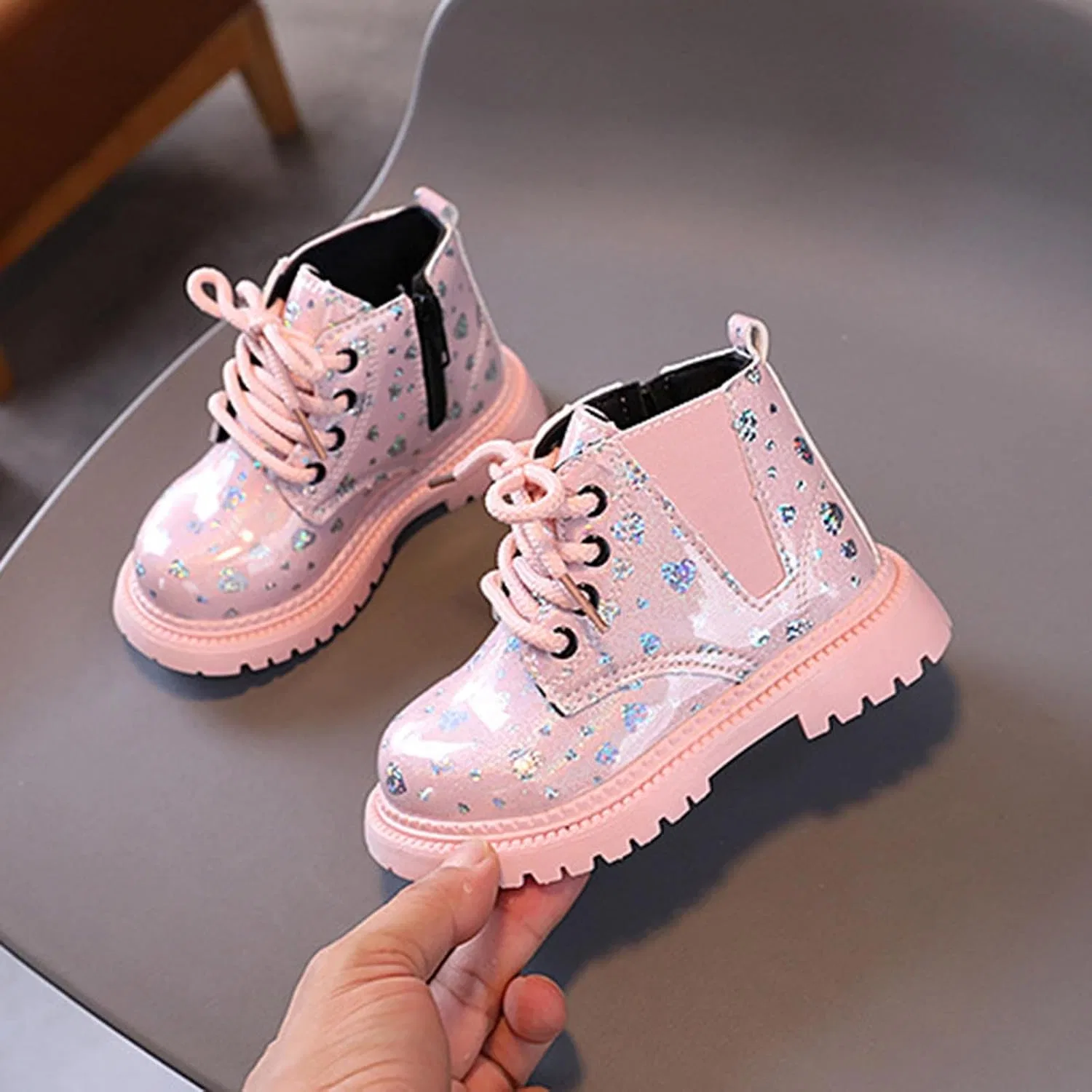 Детские ботинки для девочек с блестящей шнуровкой Zzalalana, Pink — фото 3