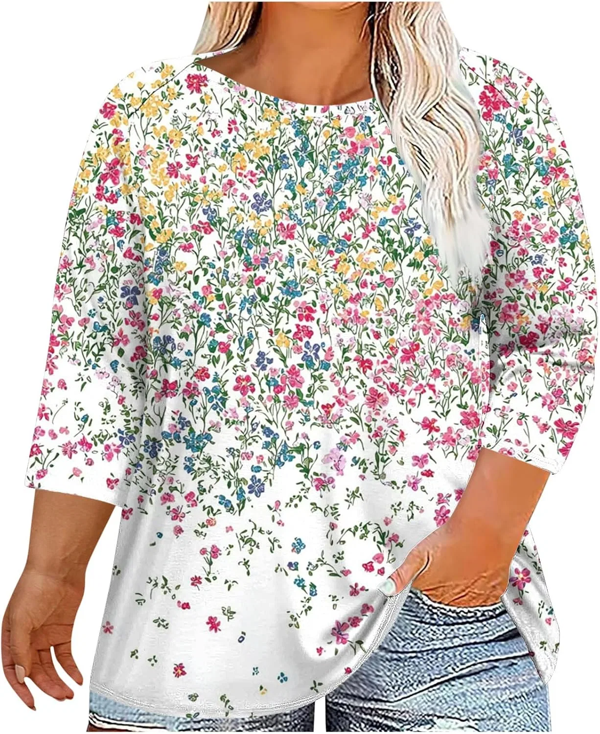 Женская туника с цветочным принтом, 3/4 рукав, Plus Size, White