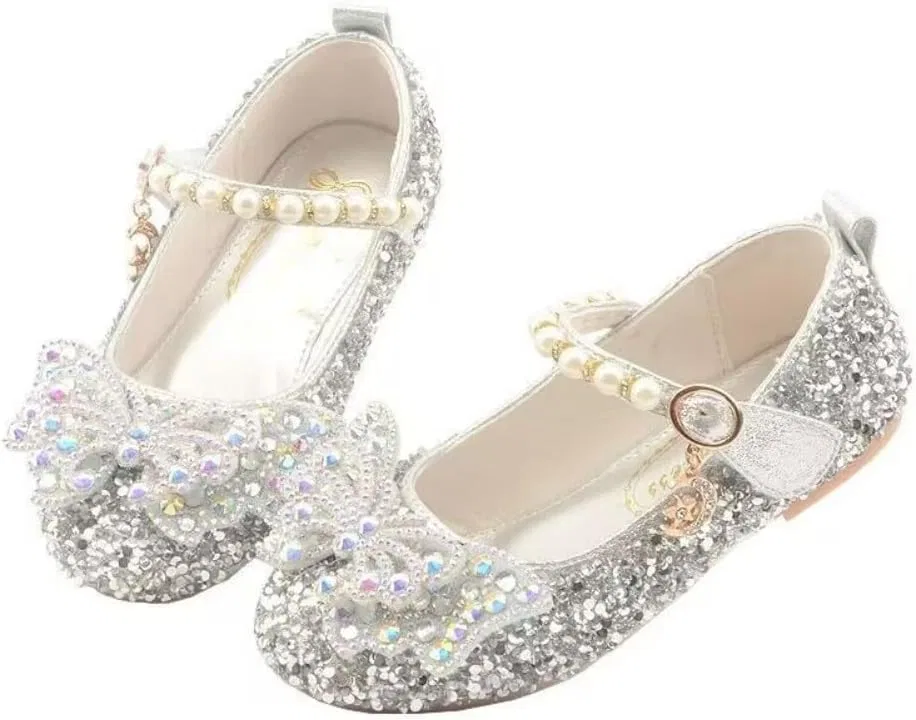 Детские туфли Мэри Джейн с бантом для девочек Sparkle Princess GOJERP, Silver