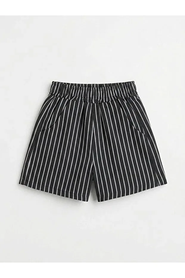 Детские шорты для девочек с принтом Poalakıds, Black Stripes — фото 3