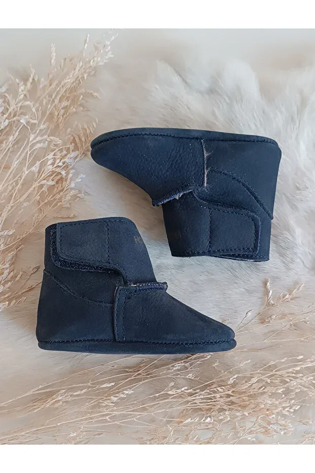 Детские ботиночки для мальчиков из натуральной кожи Lucca navy blue genuine leather baby boots with fur inside Hodore, Navy Blue