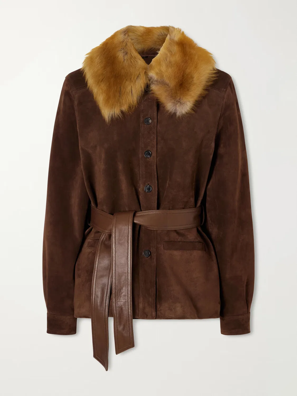 Куртка из овчины с поясом и кожаной отделкой из замши Saint Laurent, коричневый