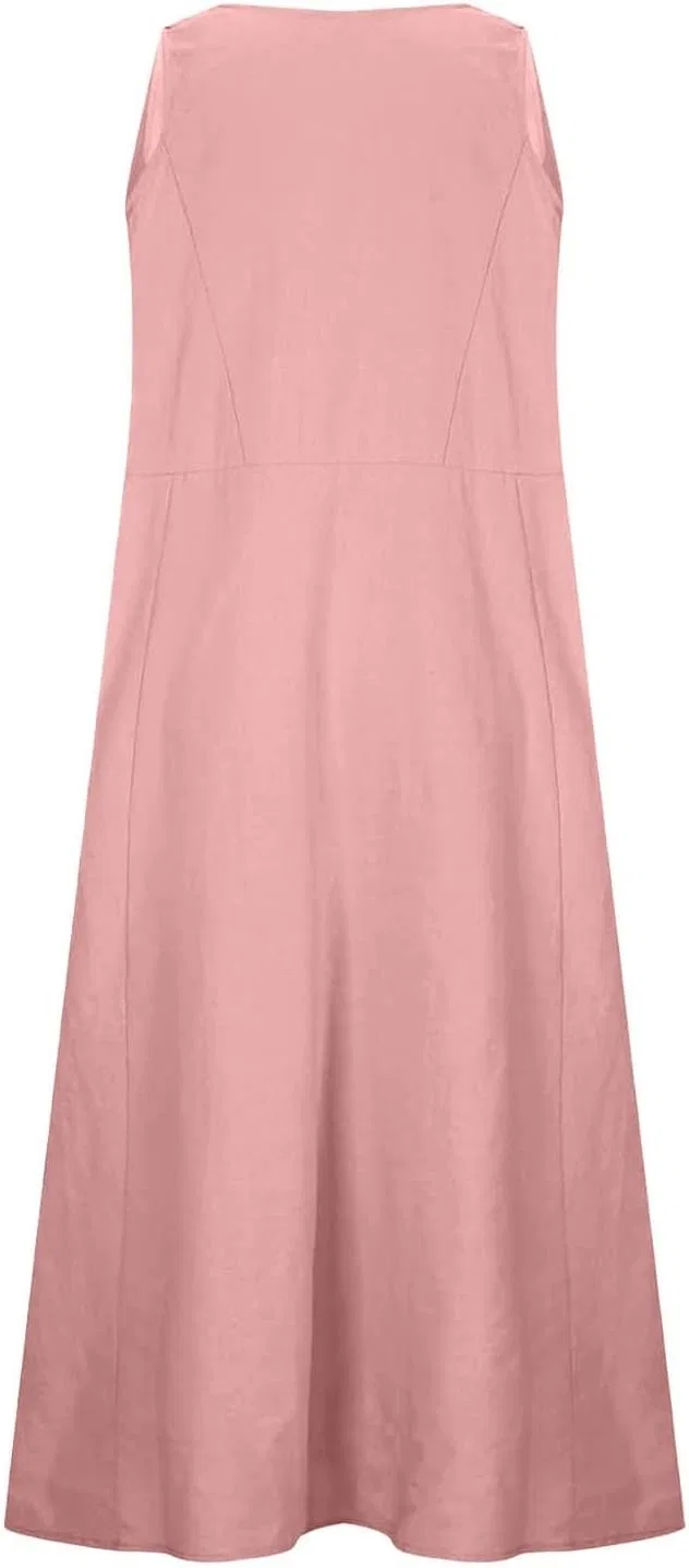 Женское летнее свободное платье макси из хлопка и льна, Pink — фото 4
