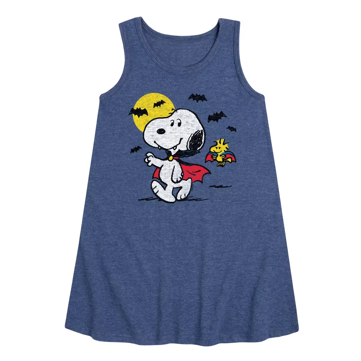 Детское платье-трапеция без рукавов с принтом Vampire Snoopy Peanuts, Heather Navy