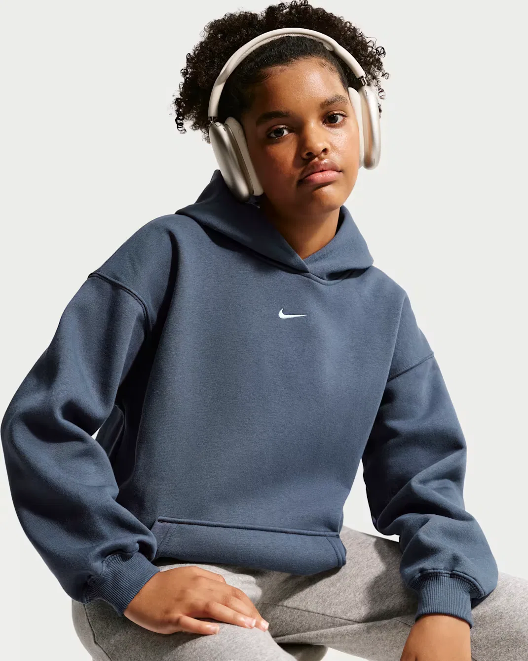 Детская толстовка с капюшоном оверсайз Nike Sportswear Studio Fleece, Thunder Blue/White