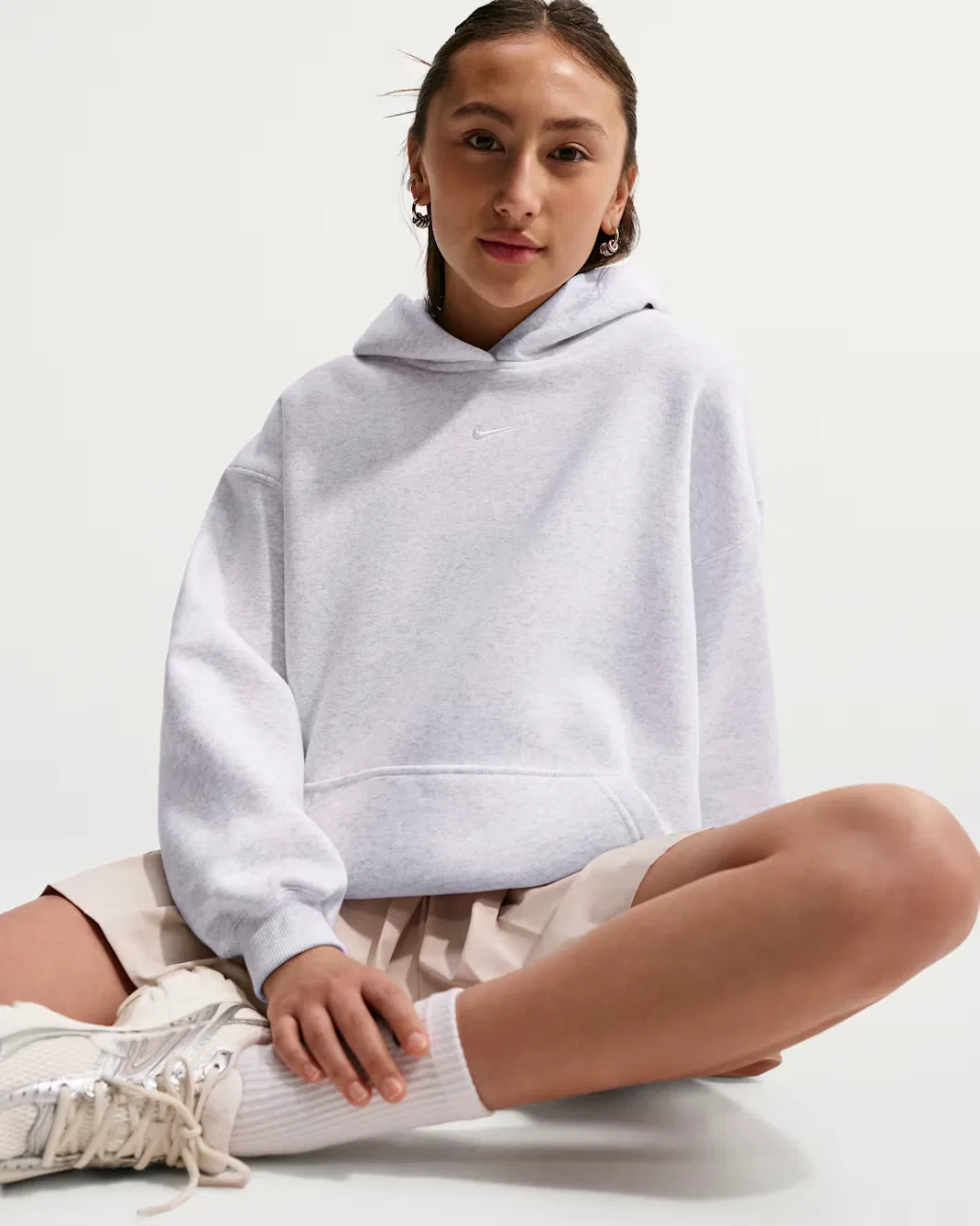 Детская толстовка с капюшоном оверсайз Nike Sportswear Studio Fleece, Birch Heather/White