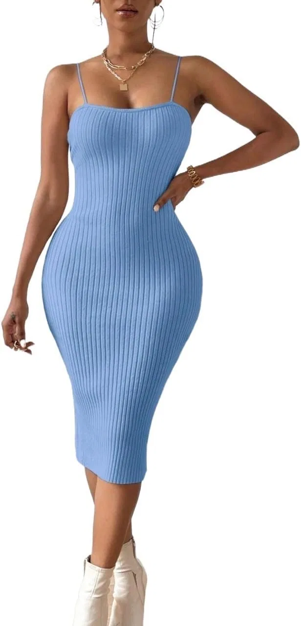 Женское облегающее платье миди без рукавов Rib Knit, Blue