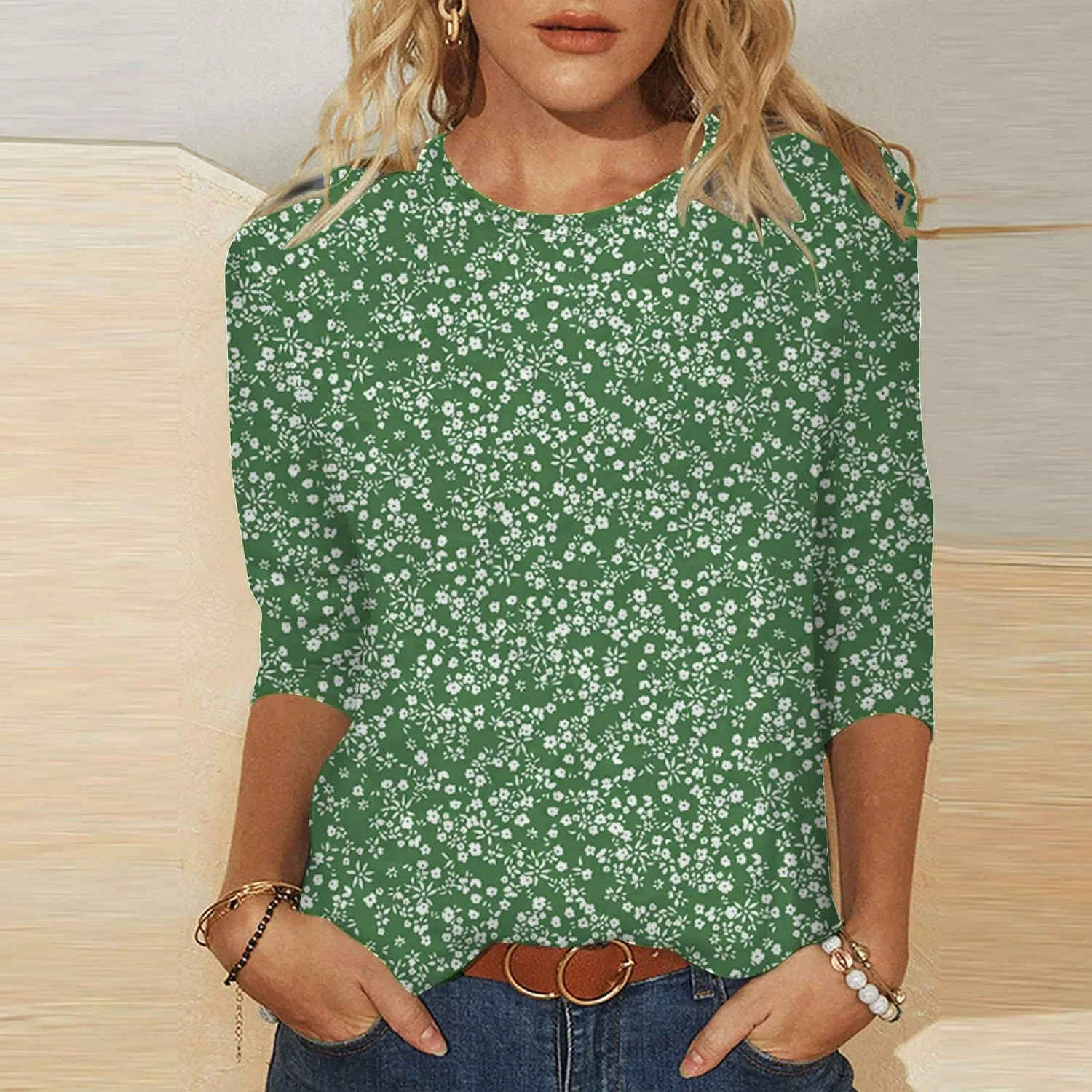 Женская блузка с принтом Plus Size T-Shirts 3/4 Sleeves T-Shirts Summer Round Neck Floral Print Casual Loose Blouses Fashion Thermal Neck, Ag #1 — фото 2