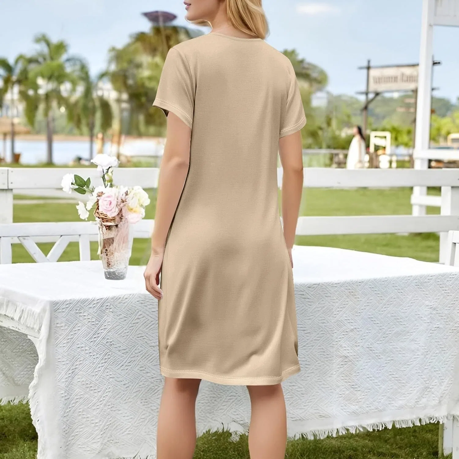 Женское летнее платье-футболка с квадратным вырезом, Beige — фото 2