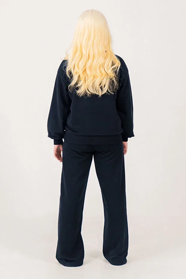 Детский комплект для девочек из футера с принтом Stoned crew neck girls' tracksuit set Kinderos, Navy Blue — фото 4