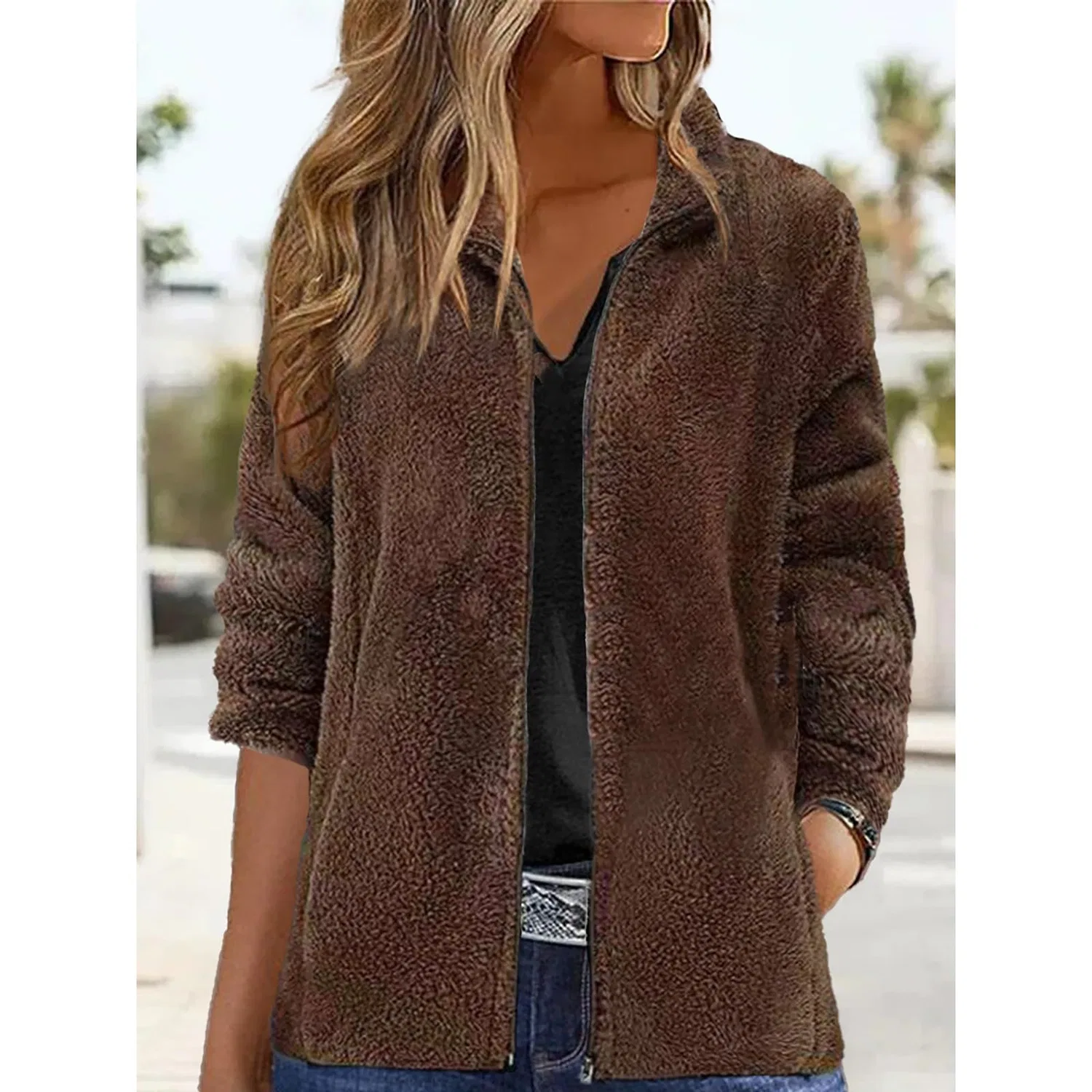 Женская куртка из флиса с принтом, модель Women Fleece Jackets Full Zipper with Pockets, Marrone — фото 2