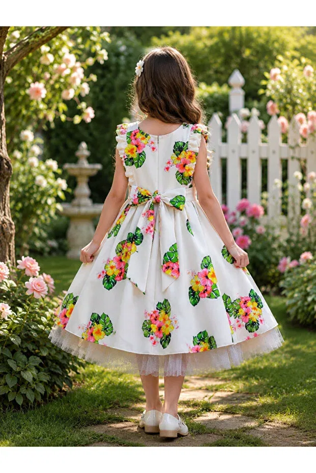 Детское платье для девочек с принтом Floral patterned girls' princess dress - special design with bow detail Tradinyom, Ecru — фото 2