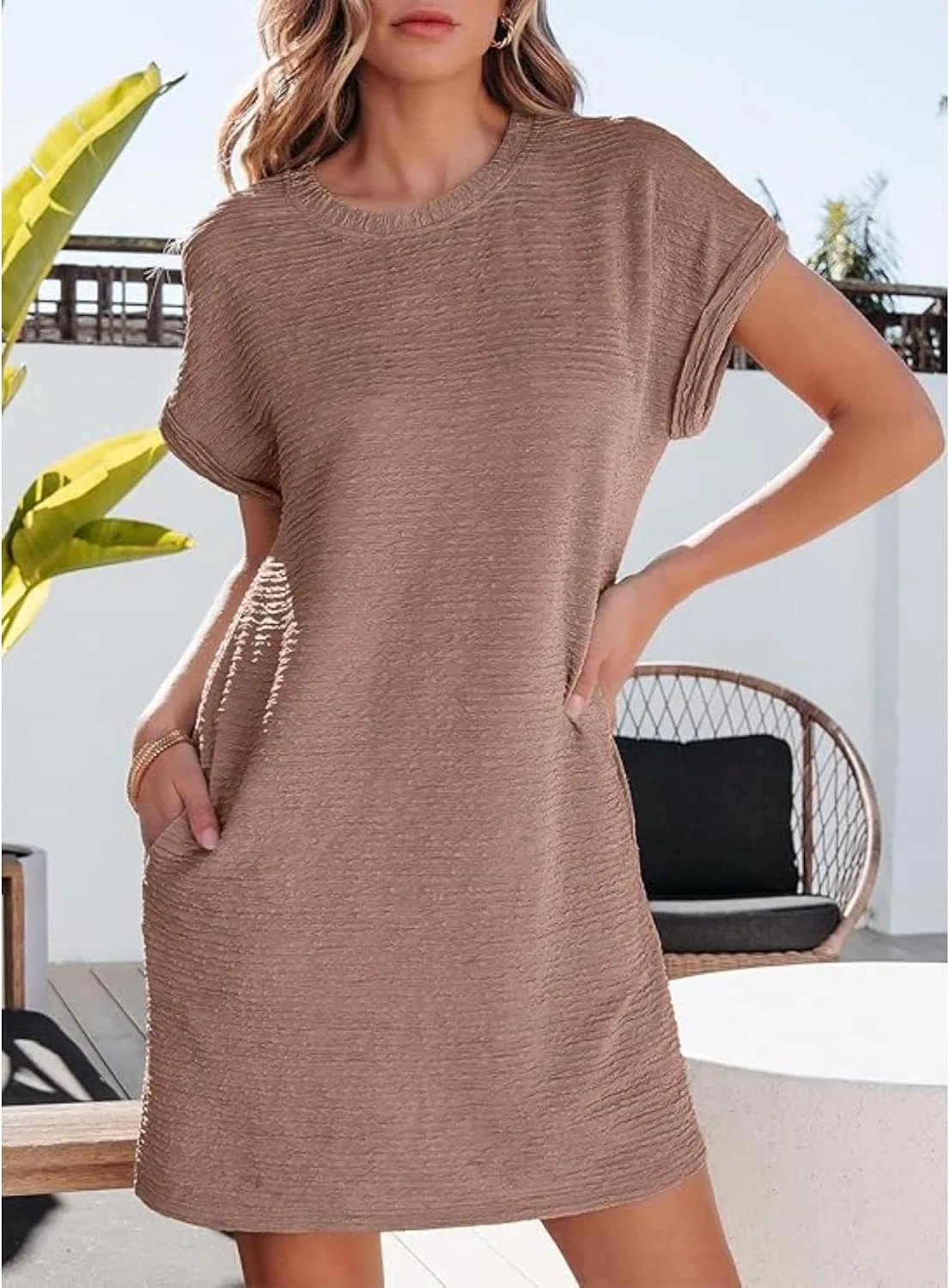 Женское летнее платье-футболка с карманами Generic, Light Brown — фото 3