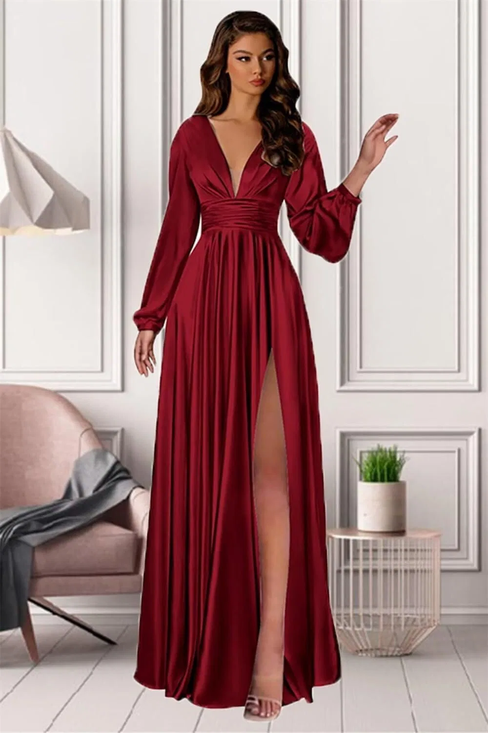 Женское вечернее платье с плиссировкой и разрезом Satin, Turquoise — фото 2