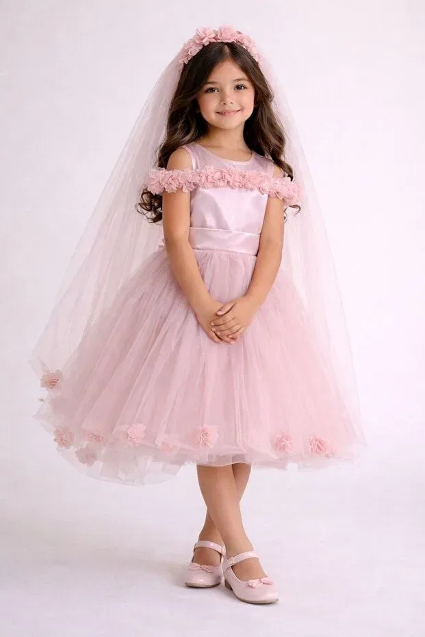 Детское платье для девочек с принтом Floral girls' evening dress wedding dress Melis Çocuk, Powder