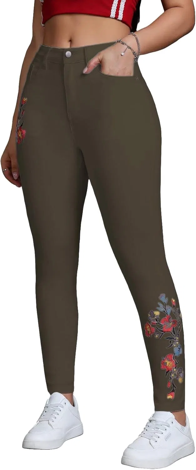 Джинсы с вышивкой Women's Stretch Embroidery Washed Jeans, Green