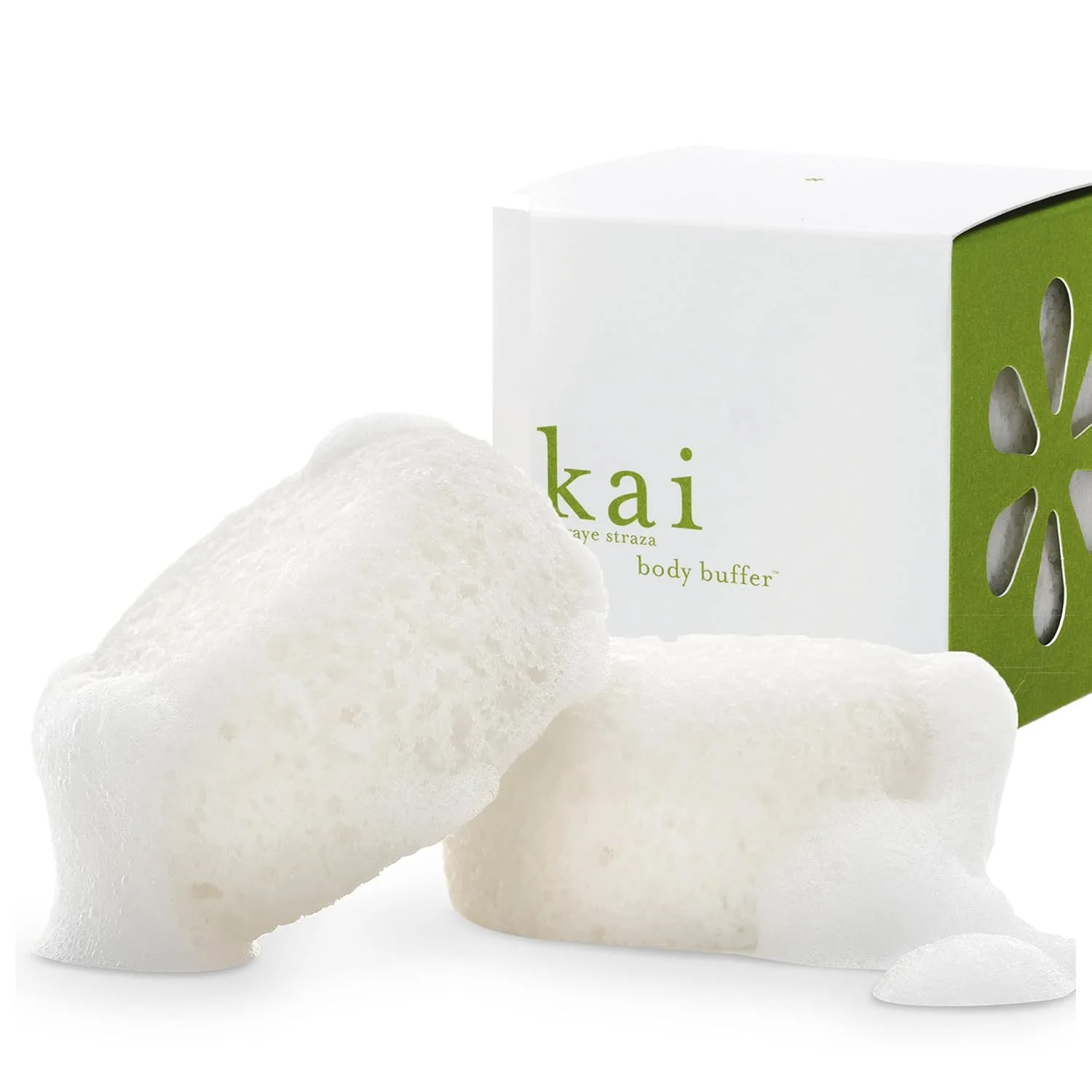 kai Body Buffer - 2 отшелушивающие губки для ванны со встроенным очищающим средством, аромат гардении, веганский продукт, не тестируется на животных | Мягко отшелушивает и очищает | Сделано в США, White