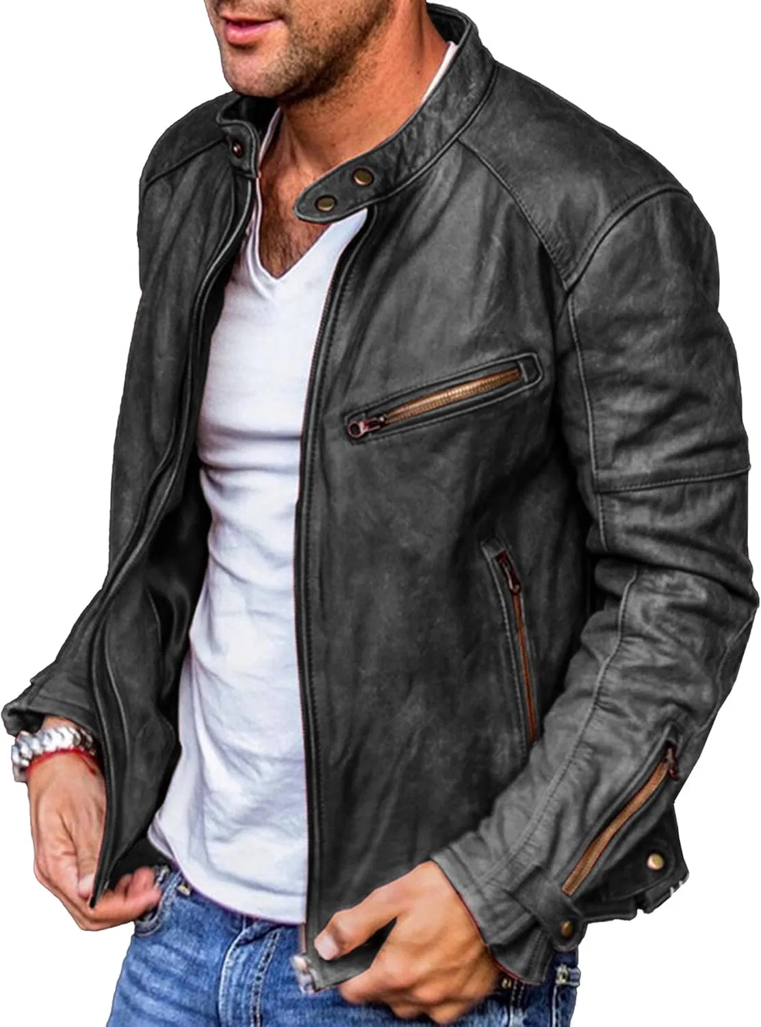 Мужская модная кожаная куртка со стоячим воротником, повседневная байкерская куртка на молнии, классическая кожаная куртка со стоячим воротником