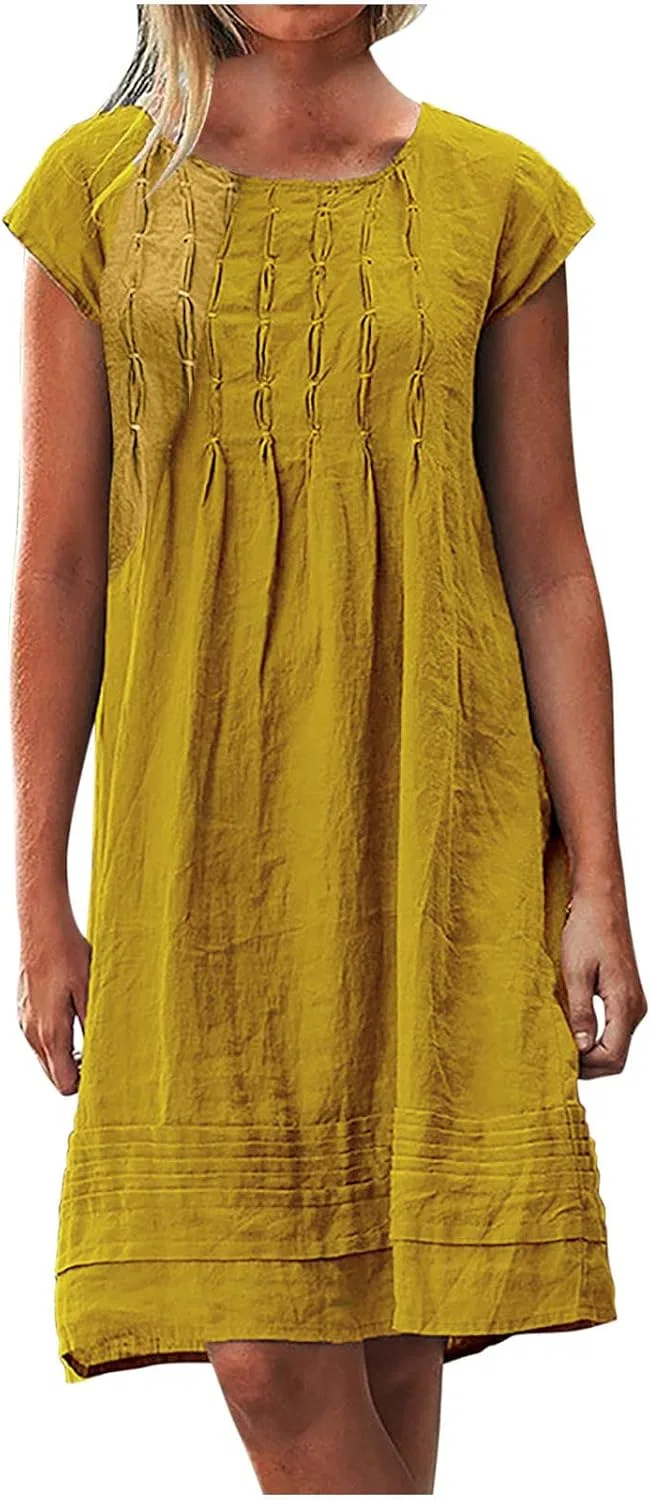 Женское повседневное платье миди с воротником-стойкой Cotton Linen, Yellow