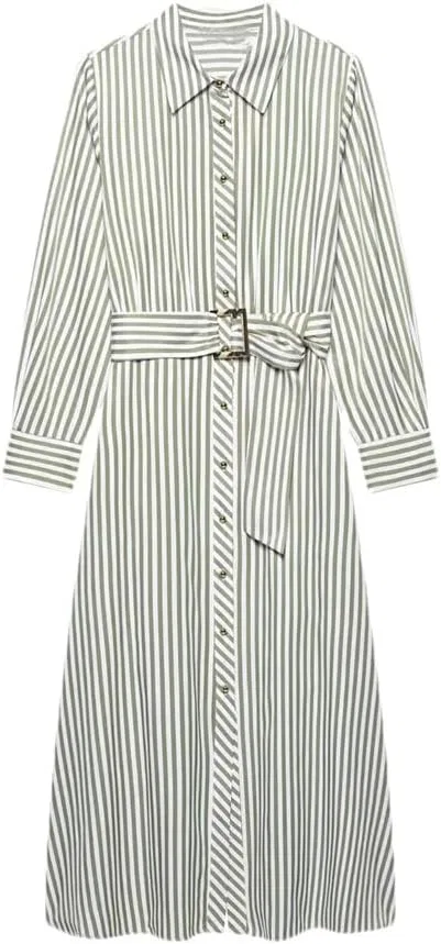 Женское платье миди А-силуэта с поясом, Striped Dress