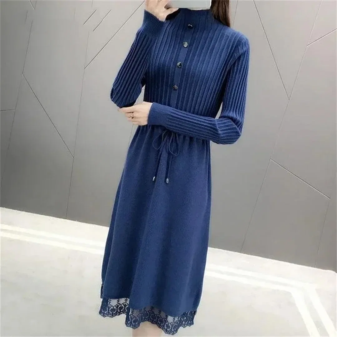 Женское платье-свитер с кружевом и полуводолазкой, Blue — фото 3