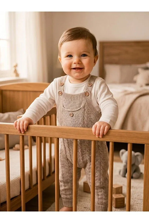 Детский комбинезон для девочек вязаный с принтом Hair Braided Pocketed Knitwear Baby Salopet Jumpsuit Combed Cotton Gift Set Nio Lua, Beige — фото 2