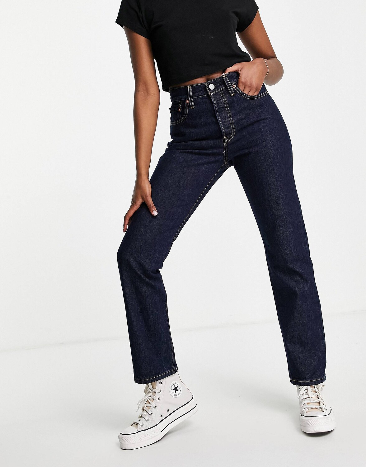 Темно-синие укороченные джинсы прямого кроя с высокой посадкой Levi's 501 — фото 2