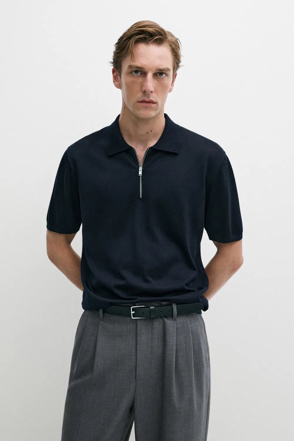 Рубашка-Поло из смесовой шерсти с застежкой-молнией Massimo Dutti, темно-синий — фото 2