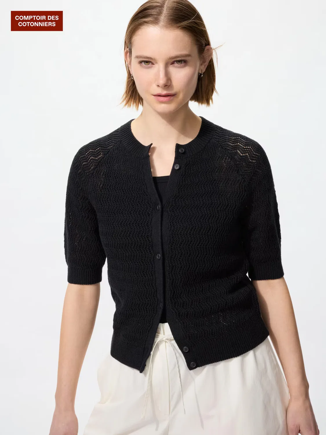 Кардиган Uniqlo, льняной, с круглым вырезом и рукавами 5/8, черный