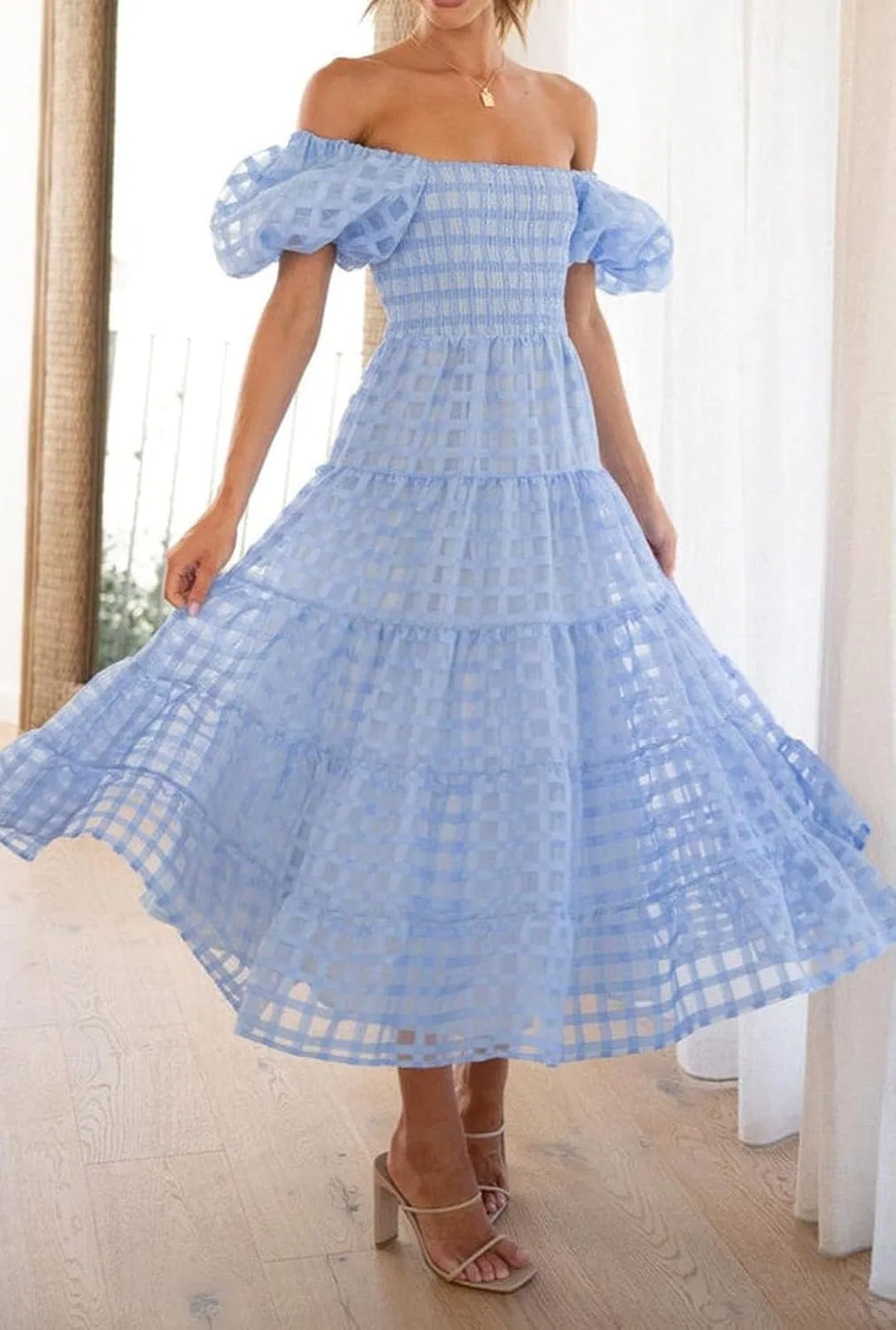 Женское платье-миди с открытыми плечами, с принтом, Off Shoulder Short Puff Sleeve Mesh Dress — фото 4