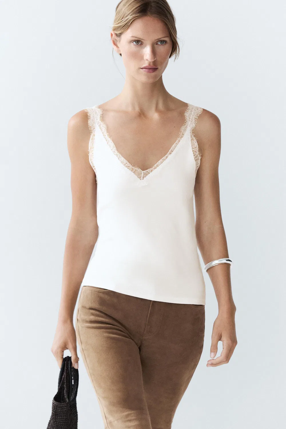 Топ Massimo Dutti Strappy Lace-Trim, кремовый