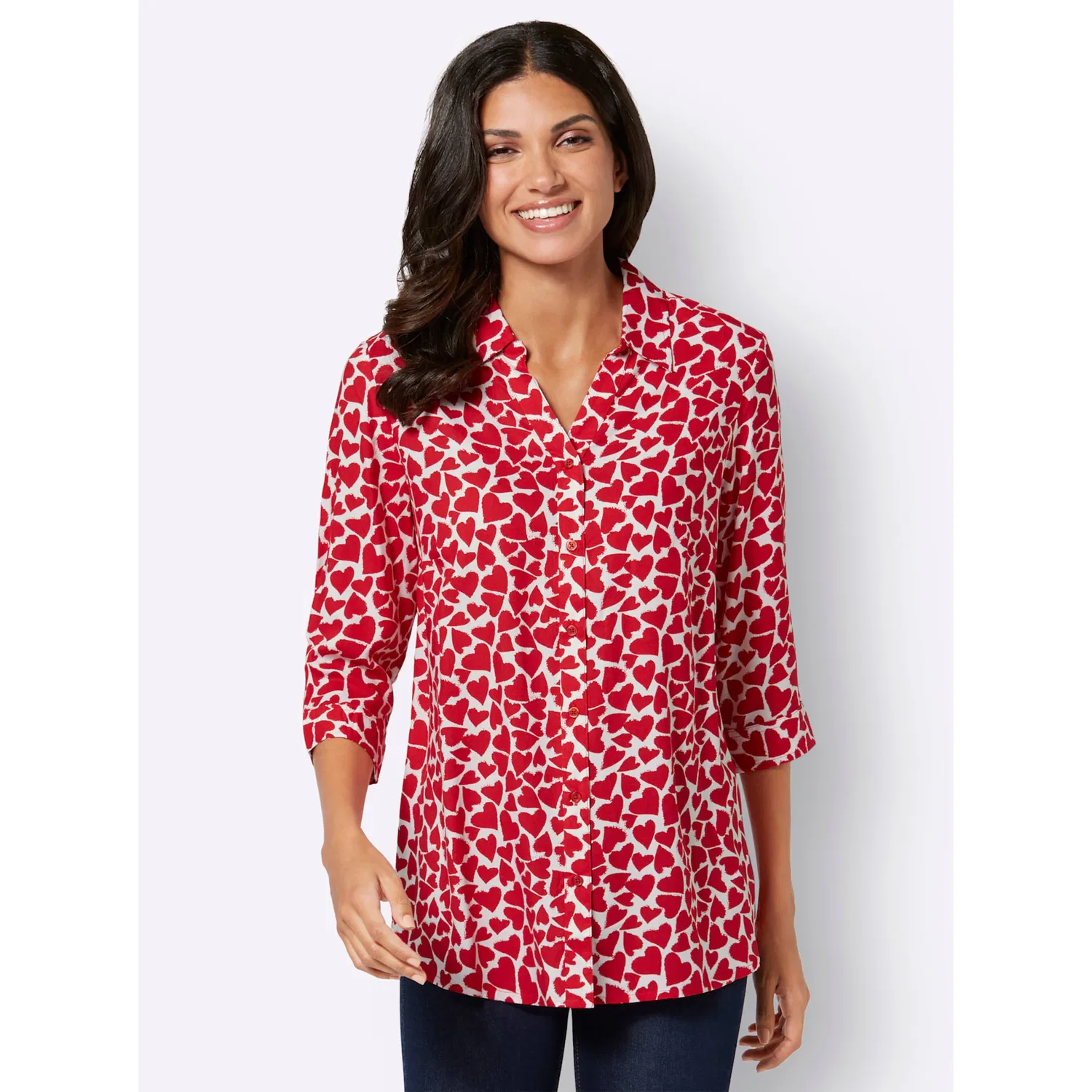 Женская удлиненная блуза с принтом Classic Basics, White-Red Patterned — фото 2