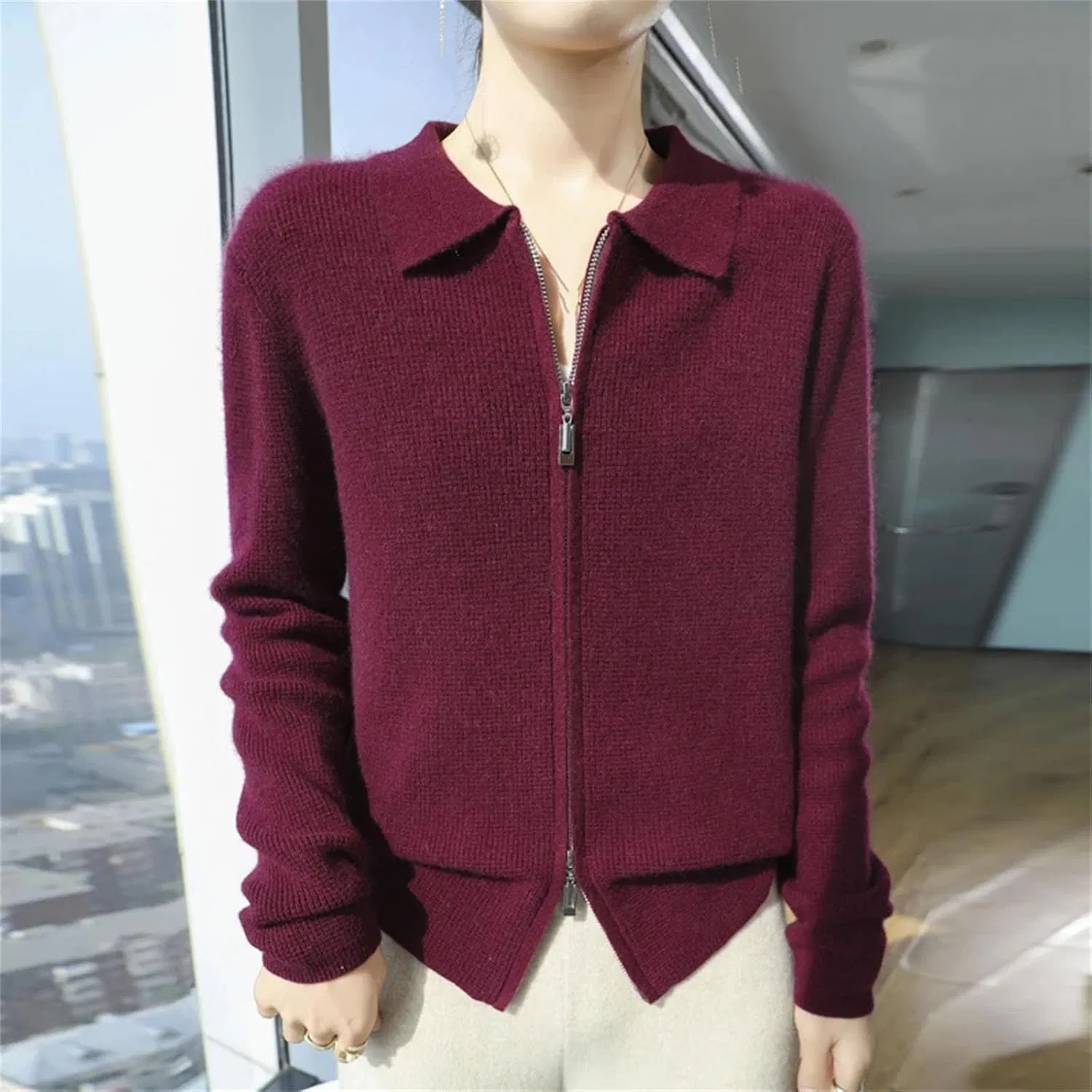 Женский свитер с воротником и двойной молнией, Cashmere Wool Sweater, молочно-белый — фото 4
