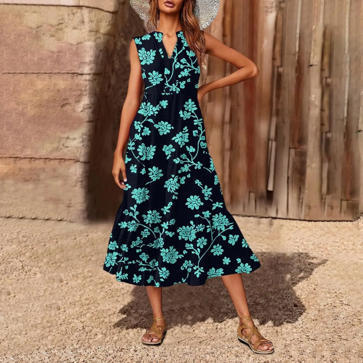 Женское летнее макси-платье с цветочным принтом, Sleeveless V Neck Tiered Ruffle, Navy — фото 2