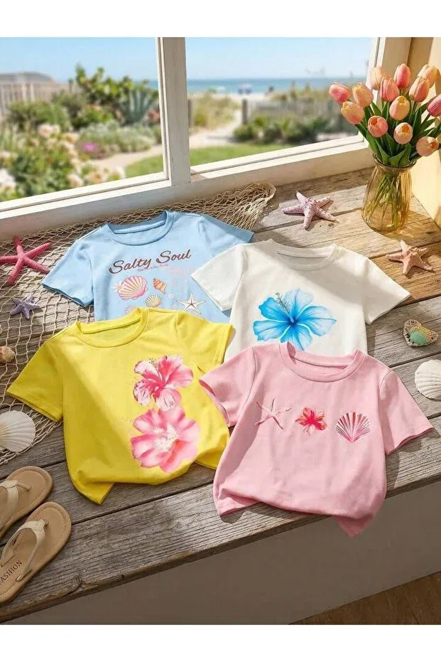 Детский комплект футболок для девочек Salty Soul-Hibiscus Flowers-Nautical Themed Morning Kids, Sari Pembe Bebemavi Beyaz — фото 3
